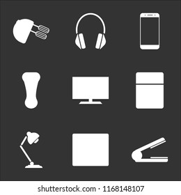 9 simple transparent vector icon pack, set of black icons such as Hair straightener, Cardiogram, Lamp, Calculator, Television, Electric shaver, Smartphone, Headphones, Mixer