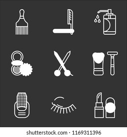 9 simple transparent vector icon pack, set of black icons such as Lipstick, Mascara, Manicure, Shaving, Scissors, Powder, Soap, Razor, Hair brush