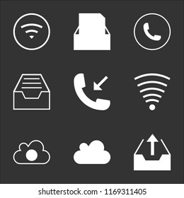 9 simple transparent vector icon pack, set of black icons such as Sent mail, Cloud shape, video play, Wifi full, Incoming phone call, menu, Auricular phone, Inbox with