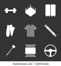 9 simple transparent vector icon pack, set of black icons such as Steering wheel, Hockey pitch, Darts, Weight, Referee, Ballet, Locker, Boxing ring, Weight