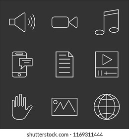 9 simple transparent vector icon pack, set of black icons such as Internet, Picture, Hold, Video player, File, Smartphone, Music camera, Speaker