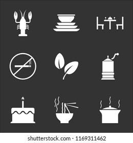 9 Simple Transparent Vector Icon Pack, Set Of Black Icons Such As Pot, Noodles, Cake, Mill, Vegan, No Smoking, Dinner, Dishes, Lobster