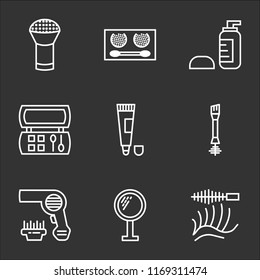 9 simple transparent vector icon pack, set of black icons such as Eyelashes, Mirror, Hairdryer, Mascara, Toothpaste, Makeup, Lotion, Powder