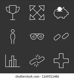 9 simple transparent vector icon pack, set of black icons such as Hospital, Broken Link, Statistics, Unlinked, SunGlasses, Man, Savings, Scale, Trophy