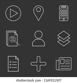 9 simple transparent vector icon pack, set of black icons such as Newspaper, Add, List, Layers, User, File, Smartphone, Placeholder, Play button