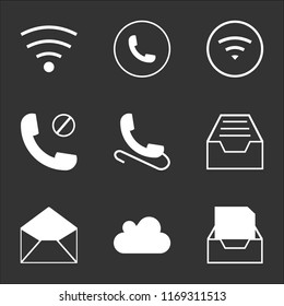 9 simple transparent vector icon pack, set of black icons such as Mail in inbox tray, Cloud reload, Open mail interface, menu, Phone, Phone block, Wifi, Auricular phone, Wifi medium