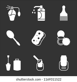 9 simple transparent vector icon pack, set of black icons such as Manicure, Nail polish, Powder, Sponge, Hand mirror, Hair brush, Soap, Perfume