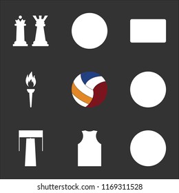9 simple transparent vector icon pack, set of black icons such as Weight, Football jersey, Racing, Baseball, Volleyball, Torch, Scoreboard, Basketball, Chess