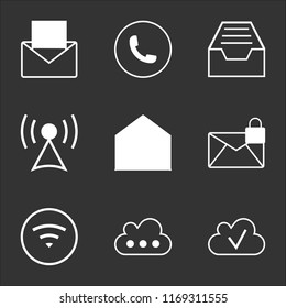 9 simple transparent vector icon pack, set of black icons such as Cloud checked, with three menu dots, Wifi, Mail encryption interface, envelope open back shape, Tower, menu, Auricular phone, paper