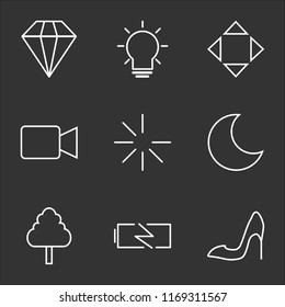 9 simple transparent vector icon pack, set of black icons such as Shoe, Charging Battery, Tree, Sleep Mode, Loading, Video Player, Move, Idea, VIP