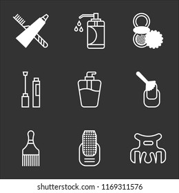 9 simple transparent vector icon pack, set of black icons such as Hair clip, Manicure, brush, Soap, Nail polish, Powder, Toothpaste