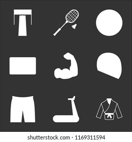 9 simple transparent vector icon pack, set of black icons such as Karate, Treadmill, Shorts, Racing Helmet, Muscle, Scoreboard, Basketball, Badminton, 