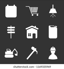 9 simple transparent vector icon pack, set of black icons such as Worker, Hammer, Excavator, Gas, Home, Direction, Lamp, Cart, Calendar