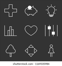 9 simple transparent vector icon pack, set of black icons such as Woman with Skirt, Move, Tree, Settings, Heart, Statistics, Idea, Savings, Hospital
