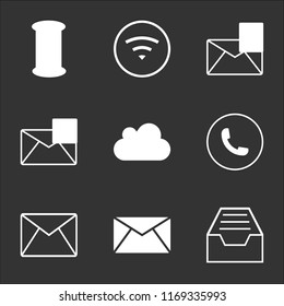 9 simple transparent vector icon pack, set of black icons such as Cloud menu, Mail envelope, Email Auricular phone, internet, save interface, flag, Wifi, Mailbox