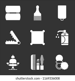 9 simple transparent vector icon pack, set of black icons such as Powder, Makeup, Barber chair, Soap, Mirror, Hair straightener, Shaver, brush, Makeup