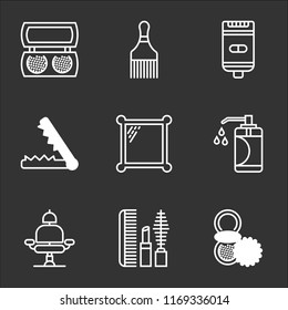 9 simple transparent vector icon pack, set of black icons such as Powder, Makeup, Barber chair, Soap, Mirror, Hair straightener, Shaver, brush, Makeup