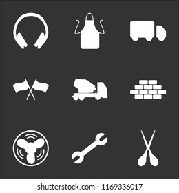 9 simple transparent vector icon pack, set of black icons such as Scissor, Wrench, Fan, Bricks, Cement Truck, Flags, Apron, Protective Headphones