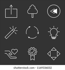 9 simple transparent vector icon pack, set of black icons such as Move, Quality, Charity, Idea, Reuse, Magic Wand, Rewind Circular Button, Tree, Upload