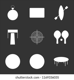 9 simple transparent vector icon pack, set of black icons such as Trampo, Basketball, Yoga ball, Ping pong, Target, Racing, Kayak, Scoreboard, Stopwatch