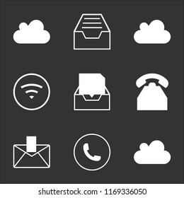 9 simple transparent vector icon pack, set of black icons such as Music cloud, Auricular phone, Mail upload, Phone, Incoming mail, Wifi, Cloud loader, menu, shape