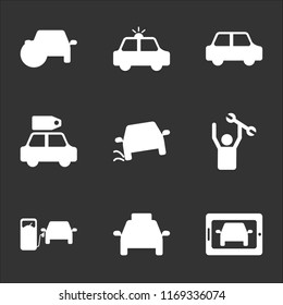 9 simple transparent vector icon pack, set of black icons such as Car on Tablet, Frontal Taxi Cab, at Gas Station, Mechanic with Wrench, Accident, Sale Car, Normal Security Heating