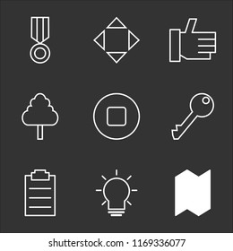 9 simple transparent vector icon pack, set of black icons such as Map, Idea, Schedule, Key, Stop Circular Button, Tree, Thumb Up, Move, Medal