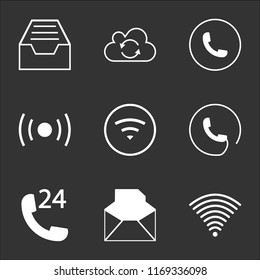 9 simple transparent vector icon pack, set of black icons such as Wifi, Mail envelope back with a paper sheet inside, Phone support 24 hours, Phone, Auricular phone, Cloud reload, menu