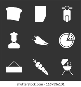 9 simple transparent vector icon pack, set of black icons such as Barbecue, Carrot, Closed, Pizza, Spicy food, Cooker, Scooter, Invoice, Toast