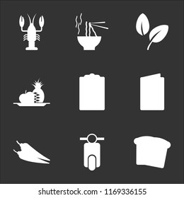 9 simple transparent vector icon pack, set of black icons such as Toast, Scooter, Spicy food, Menu, Padnote, Fruit, Vegan, Noodles, Lobster