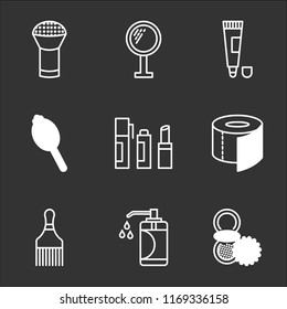9 simple transparent vector icon pack, set of black icons such as Powder, Soap, Hair brush, Toilet paper, Lipstick, Hand mirror, Toothpaste, Mirror, Powder