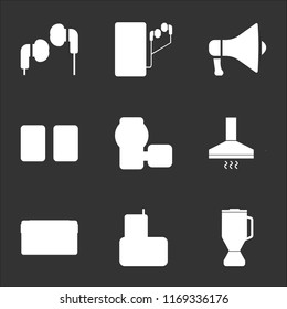 9 simple transparent vector icon pack, set of black icons such as Blender, Home phone, Cassette, Extractor hood, Camcorder, Speaker, Megaphone, Music player, Earphones