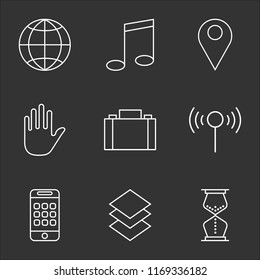9 simple transparent vector icon pack, set of black icons such as Hourglass, Layers, Smartphone, Wifi, Briefcase, Hold, Placeholder, Music player, Internet