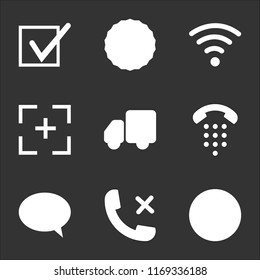 9 simple transparent vector icon pack, set of black icons such as Phone call, Speech, Telephone, Truck, Focus, Wifi, Check, Tick
