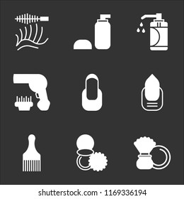 9 simple transparent vector icon pack, set of black icons such as Powder, Hair brush, Manicure, Hairdryer, Soap, Lotion, Eyelashes