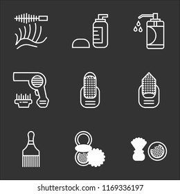 9 simple transparent vector icon pack, set of black icons such as Powder, Hair brush, Manicure, Hairdryer, Soap, Lotion, Eyelashes