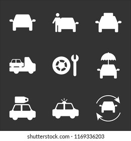 9 simple transparent vector icon pack, set of black icons such as Refreshing Car, Security Sale Umbrella Wheel and Wrench, Truck with another Frontal Taxi Cab, Man Front Car