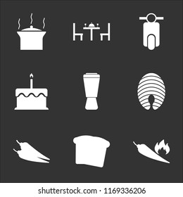 9 simple transparent vector icon pack, set of black icons such as Hot pepper, Toast, Spicy food, Salmon, Mixer, Cake, Scooter, Dinner, Pot