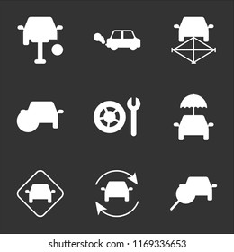 9 simple transparent vector icon pack, set of black icons such as Searching Car, Refreshing Umbrella Wheel and Wrench, Climate Car on a Frame, Pollution, Repairing
