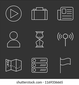 9 simple transparent vector icon pack, set of black icons such as Flag, Server, Map, Wifi, Hourglass, User, Newspaper, Briefcase, Play button