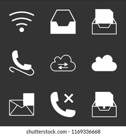 9 simple transparent vector icon pack, set of black icons such as Sent mail, Phone auricular with a cross, Mail favourite, Cloud video, connection, Phone, in inbox tray, empty, Wifi medium