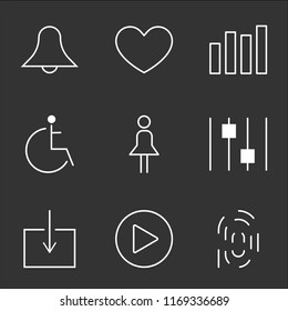 9 simple transparent vector icon pack, set of black icons such as Fingerprint, Play Circular Button, Download, Settings, Woman with Skirt, Disabled, Bar Chart, Heart, Notification