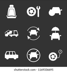 9 simple transparent vector icon pack, set of black icons such as Inflate Wheel, Stop Car, Family Umbrella Refreshing Towing a Car Secure, Wheel and Wrench, seat