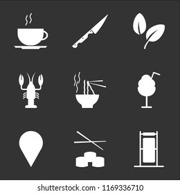 9 simple transparent vector icon pack, set of black icons such as Daily specials board, Sushi, Placeholder, Ice cream, Noodles, Lobster, Vegan, Knife, Coffee