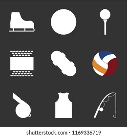 9 simple transparent vector icon pack, set of black icons such as Fishing, Football jersey, Whistle, Volleyball, Skateboard, pitch, Golf, Weight, Ice skating