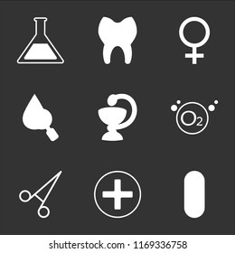 9 simple transparent vector icon pack, set of black icons such as Medical pill, Hospital medical, scissors, Oxygen, Pharmacy tool, Blood analysis, Female, Teeth, Chemistry flask with liquid