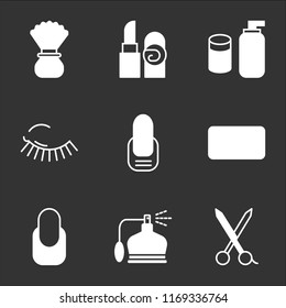9 simple transparent vector icon pack, set of black icons such as Scissors, Perfume, Manicure, Makeup, Mascara, Cream, Lipstick, Shaving