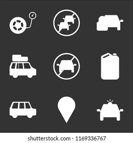 9 simple transparent vector icon pack, set of black icons such as Police Car, Car Placeholder, Family Oil Can, Stop with Luggage, Locked, No Parking, Inflate Wheel