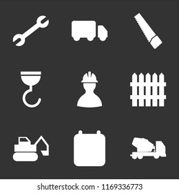 9 simple transparent vector icon pack, set of black icons such as Cement Truck, Calendar, Escavator, Fence, Worker, Hook, Saw, Wrench