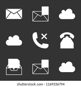 9 simple transparent vector icon pack, set of black icons such as Cloud internet, Mail favourite, Sent mail, Phone, Phone auricular with a cross, loader, shape, flag, envelope